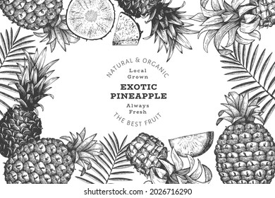 Hand drawn sketch style pineapple banner. Organic fresh fruit vector illustration. Engraved style botanical design template.