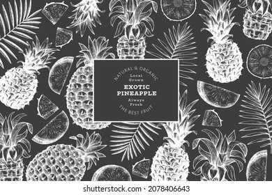 Hand drawn sketch style pineapple banner. Organic fresh fruit vector illustration on chalk board. Botanical design template.