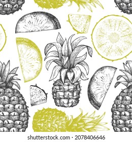 Hand drawn sketch style pineapple seamless pattern. Organic fresh fruit vector illustration on white background. Engraved style botanical design.