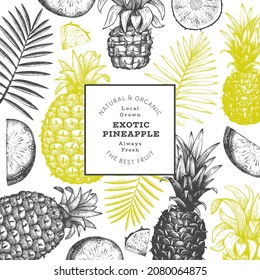 Hand drawn sketch style pineapple banner. Organic fresh fruit vector illustration. Engraved style botanical design template.