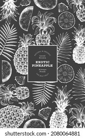 Hand drawn sketch style pineapple banner. Organic fresh fruit vector illustration on chalk board. Botanical design template.