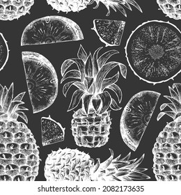 Hand drawn sketch style pineapple seamless pattern. Organic fresh fruit vector illustration chalk board. Botanical tropical background.
