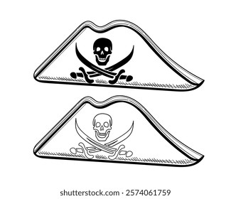 Hand drawn sketch style pirate hats with skull and crossbones design. Perfect for pirate-themed events, logos, or adventure branding. Vector illustration