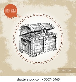 Hand drawn sketch style pirates treasure chest. Vintage retro vector illustration on grunge background.