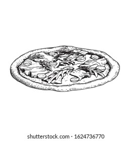 Hand drawn sketch style pizza. Fresh baked traditional italian pizza with cheese, prosciutto ham and fresh arugula leaves. Best for packaging, menu for restaurants and delivery. Vector illustration.