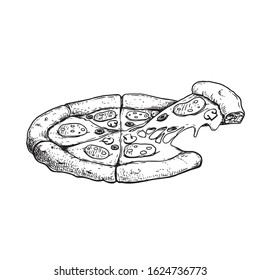 Hand drawn sketch style pizza with slice and melted cheese. Fresh baked traditional italian pizza with salami, sliced mushrooms and olives. Best for packaging, menu for restaurants and delivery. 