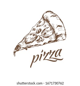 Hand drawn sketch style pizza slice. Pizza design template, logo hand drawn vector illustration delicious pizza