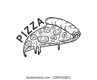 Hand drawn sketch style pizza slice. Pepperoni pizza with salami, tomato, mushroom slices, basil leaf and melted cheese. Best for pizzeria package and menu designs. Vector illustration.