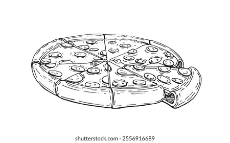 Hand drawn sketch style pizza. 100% hand drawn vector image.