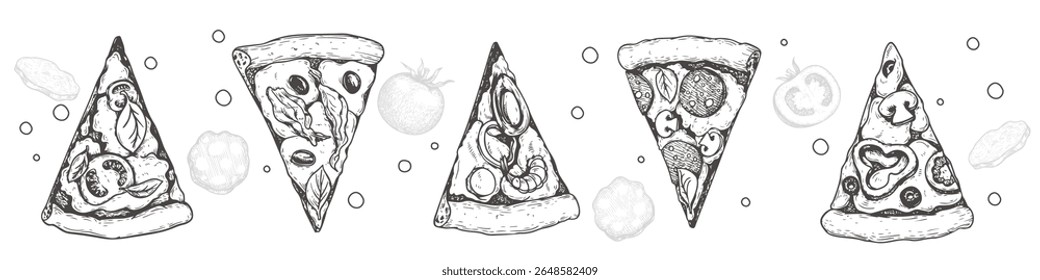 Hand drawn sketch style pizza slices set. Best for Italian restaurant and delivery menu flyers designs. Vector illustration.