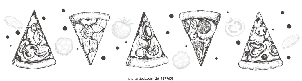 Hand drawn sketch style pizza slices set. Best for Italian restaurant and delivery menu flyers designs. Vector illustration.