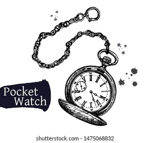 Hand drawn sketch style pocket watch isolated on white background. Vector illustration.