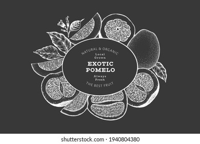 Hand drawn sketch style pomelo banner. Organic fresh fruit vector illustration on chalk board. Retro fruit design template