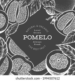 Hand drawn sketch style pomelo banner. Organic fresh fruit vector illustration on chalk board. Retro fruit design template