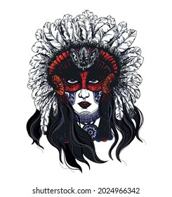 Hand drawn sketch style portrait of fictional indigenous woman isolated on white background. Vector illustration.