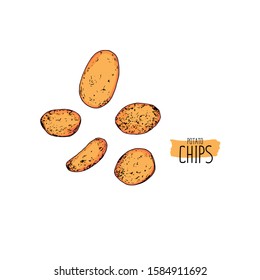 Hand drawn sketch style potato chips set. Color illustration. 