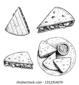 Hand drawn sketch style quesadillas set. Traditional mexican fast food. Single, group and top view on plate with sauce. Vector illustrations.