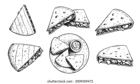 Hand drawn sketch style quesadillas set. Traditional mexican fast food. Single, group and top view on plate with sauce. Vector illustrations on white background.