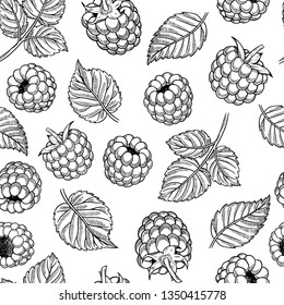 Hand drawn sketch style raspberry and leaf seamless pattern. Engraving style, isolated on white. Ink for menu, banners. Organic, natural