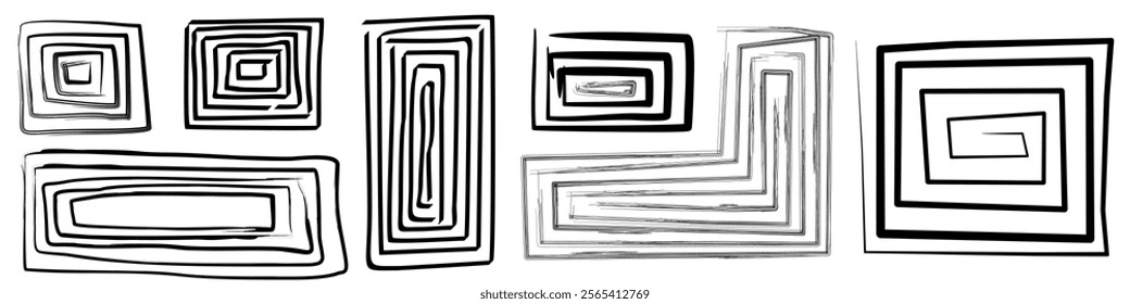 Hand Drawn Sketch Style Rectangle Frames, Abstract Doodle Border Collection for Creative Designs, Scrapbooking grunge, Presentations, and Artistic Projects, Vector Illustration Set