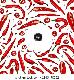 Hand drawn sketch style red Chili peppers set on a circle. Ripe and sliced peppers. Color illustration.