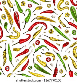 Hand drawn sketch style red, green and yellow Chili peppers seamless pattern. Ripe and sliced peppers. Color illustration.