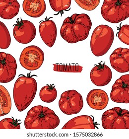 Hand drawn sketch style red tomatoes label. Ripe ahd sliced tomato. Color background. 