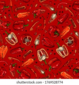 Hand drawn sketch style red peppers. Vector seamless pattern for label, menu, print, postcard.