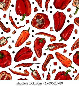 Hand drawn sketch style red peppers. Vector seamless pattern for textile, menu, print, wrapper.