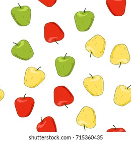 Hand drawn sketch style  red, yellow and green apples seamless. Color pattern. 