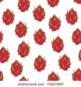 Hand drawn sketch style red pitahaya seamless with no background. Color illustration. 