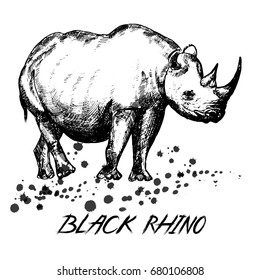 Hand drawn sketch style rhino. Vector illustration isolated on white background.