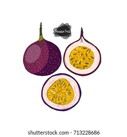Hand drawn sketch style ripe passion fruit half and cut passion fruit. Color illustration. 