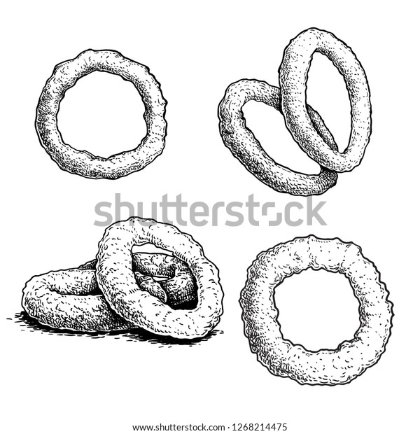 Hand drawn sketch style roasted onion rings\
set. Street fast food vector illustrations collection. Isolated on\
white background.
