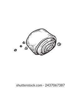 Hand drawn sketch style rolled bun with jam. Sweet baked goods. Best for bakery designs. Vector illustration in retro style isolated on white.