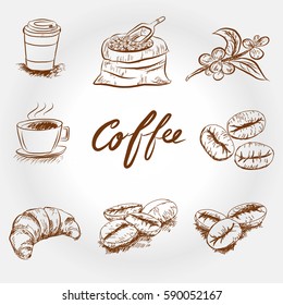 Hand drawn sketch style. Sack with coffee beans with wooden scoop, cup, branch with leaf and berry .Coffee cup is hot . vintage paper cup of coffee takeaway Menu for restaurant, cafe, bar.