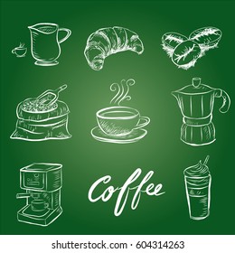 Hand drawn sketch style. Sack with coffee beans with wooden scoop, cup, branch with leaf and berry .Coffee cup is hot . vintage paper cup of coffee Menu for restaurant, cafe, bar.Draw coffee icon .