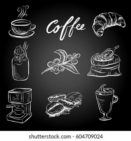Hand drawn sketch style. Sack with coffee beans with wooden scoop, cup, branch with leaf and berry .Coffee cup is hot . vintage paper cup of coffee takeaway Menu for restaurant, cafe, bar.