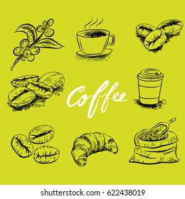 Hand drawn sketch style. Sack with coffee beans with wooden scoop, cup, branch with leaf and berry .Coffee cup is hot . vintage paper cup of coffee takeaway Menu for restaurant, cafe, bar.