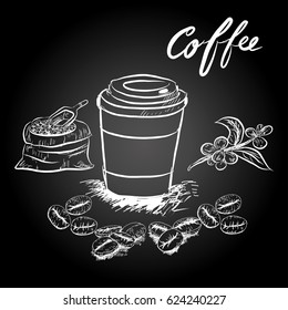 Hand drawn sketch style. Sack with coffee beans with wooden scoop, cup, branch with leaf and berry .Coffee cup is hot . vintage paper cup of coffee takeaway Menu for restaurant, cafe, bar.