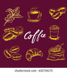 Hand drawn sketch style. Sack with coffee beans with wooden scoop, cup, branch with leaf and berry .Coffee cup is hot . vintage paper cup of coffee takeaway Menu for restaurant, cafe, bar.