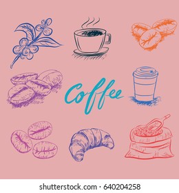 Hand drawn sketch style. Sack with coffee beans with wooden scoop, cup, branch with leaf and berry. vintage paper cup of coffee takeaway Menu for restaurant, cafe, bar.