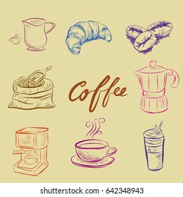 Hand drawn sketch style. Sack with coffee beans with wooden scoop, cup, branch with leaf and berry . vintage paper cup of coffee takeaway Menu for restaurant, cafe, bar.