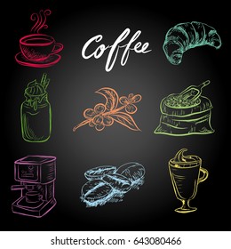 Hand drawn sketch style. Sack with coffee beans with wooden scoop, cup, branch with leaf and berry .Coffee cup is hot . vintage paper cup of coffee takeaway Menu for restaurant, cafe, bar.