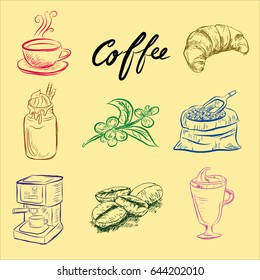 Hand drawn sketch style. Sack with coffee beans with wooden scoop, cup, branch with leaf and berry .Coffee cup is hot . vintage paper cup of coffee takeaway Menu for restaurant, cafe, bar.