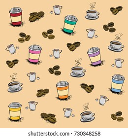 Hand drawn sketch style. Sack with coffee beans with wooden scoop, cup, branch with leaf and berry .Coffee cup is hot . vintage paper cup of coffee takeaway Menu for restaurant, cafe, bar.
