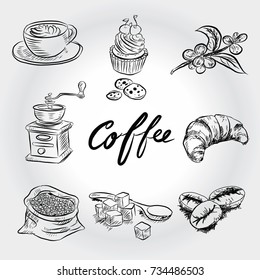 Hand drawn sketch style. Sack with coffee beans cup, branch with leaf and berry .Coffee cup is hot . vintage paper cup of coffee takeaway Menu for restaurant, cafe, bar.