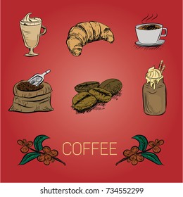 Hand drawn sketch style. Sack with coffee beans with wooden scoop, cup, branch with leaf and berry .Coffee cup is hot . vintage paper cup of coffee takeaway Menu for restaurant, cafe, bar.