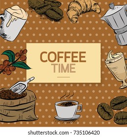 Hand drawn sketch style. Sack with coffee beans with wooden scoop, cup, branch with leaf and berry .Coffee cup is hot . vintage paper cup of coffee takeaway Menu for restaurant, cafe, bar.