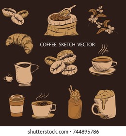 Hand drawn sketch style. Sack with coffee beans with wooden.Coffee cup is hot . vintage paper cup of coffee takeaway Menu for restaurant, cafe, bar.

